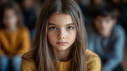 Obraz premium Young Girl With Long Brown Hair Wearing a Cozy Yellow Sweater in a Classroom Setting During a Lesson
