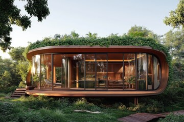 Modern oval eco house blending with nature in lush forest
