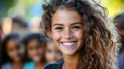 Happy Girl With Curly Hair Smiles Brightly in Front of a Diverse Group of Friends During a Sunny Outdoor Event in the Park