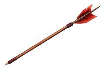 Single Wooden Arrow with Red Feathers Lies on Black Background. Archery, Hunting Tools.