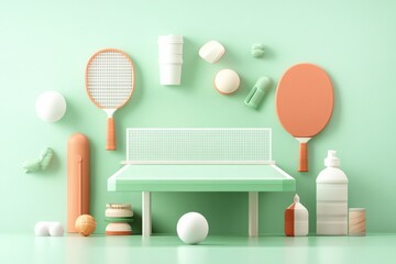 Ping pong table, rackets, and accessories floating on a pastel green background