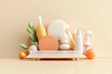 Modern glass podium showcasing cosmetic products with corn and abstract shapes on pastel background