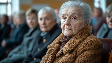 Elderly Women Gather in a Warm Community Center for a Social Event, Sharing Stories and Enjoying Companionship in the Afternoon Light
