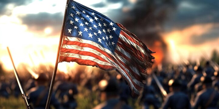 American civil war concept with soldiers on the battlefield holding star spangled banner