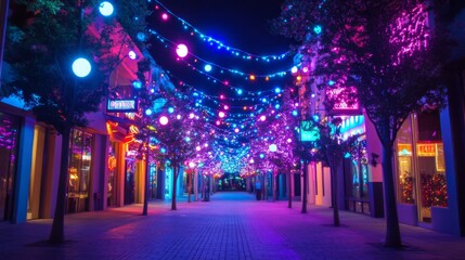 Vibrant Night Street Scene with Colorful Festive Lights