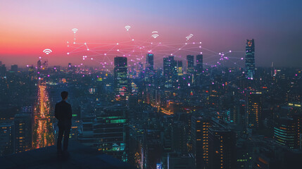 Naklejka premium Abstract business man stands on Smart digital Innovation city with connection network reciprocity over the twilight cityscape. of future wireless digital city and social media networking systems