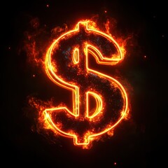 Flaming dollar sign, dark background, financial concept
