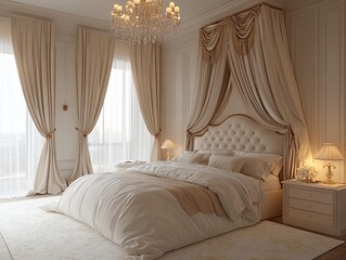 Luxurious White Bedroom With Elegant Drapes and Soft Lighting for a Serene Atmosphere