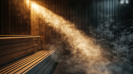 Warm Light Illuminating Misty Space with Wooden Bench and Wall Panels