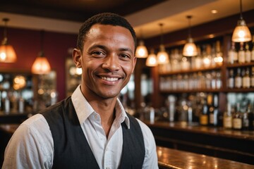 Fototapeta premium close portrait of a 40s smiling Malagasy male bartender against blurred bar background