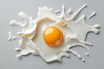 Raw egg yolk surrounded by splashes of egg white on gray background