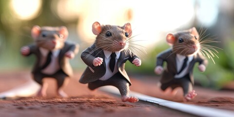 anthropomorphic rats wearing professional business suits running on track 
