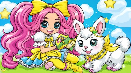 Naklejka premium Girl petting bunny, sunny day, clouds, stars, children's book