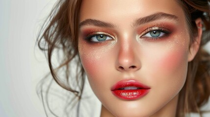 Fototapeta premium Glamorous cosmetics model. Shimmering eyeshadow and vibrant red lipstick. Sleek backdrop. Studio lighting. Bold makeup look.