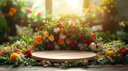 Vibrant Floral Arrangement With Colorful Blooms on Wooden Display in a Sunlit Greenhouse During Springtime