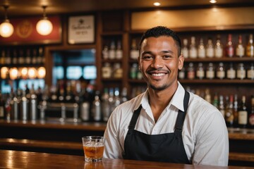 close portrait of a 40s smiling Marshallese male bartender against blurred bar background