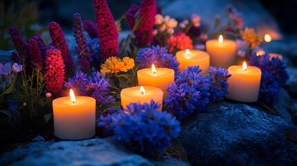 Soft Glow of Candles Surrounded by Colorful Flowers at Dusk in a Serene Outdoor Setting