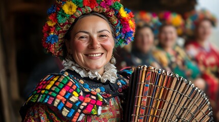 Fototapeta premium Colorful Celebration of Tradition With Women Dressed in Vibrant Attire While Showcasing Musical Instruments at a Cultural Event