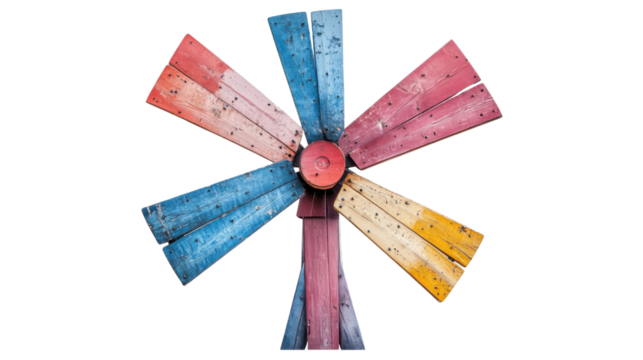 Colorful wooden windmill blades rotating on transparent background