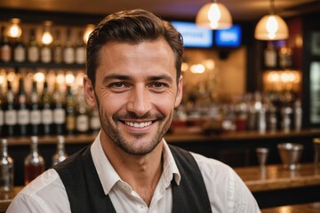 Fototapeta premium close portrait of a 40s smiling Montenegrin male bartender against blurred bar background