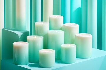 Eight teal ombre candles arranged on teal platforms against a teal background.
