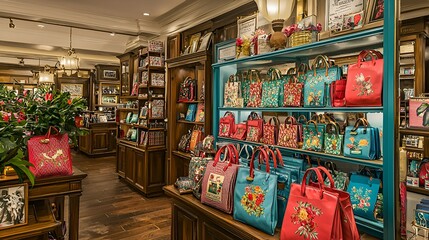 Floral handbags displayed in elegant boutique, showcasing various designs