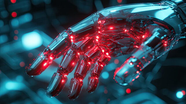 Futuristic Robotic Hand with Glowing Red Lights and Technology Background - Powered by Adobe