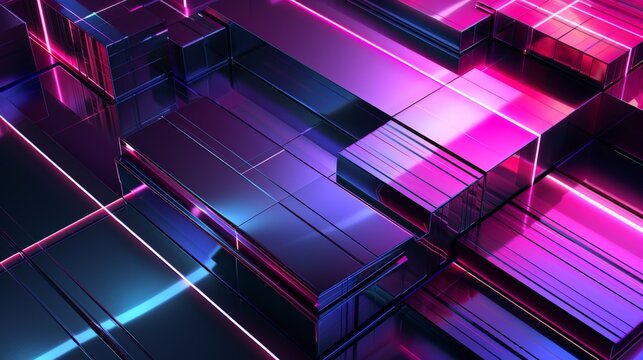 Abstract Geometric Background with Neon Lines and Reflective Cubes