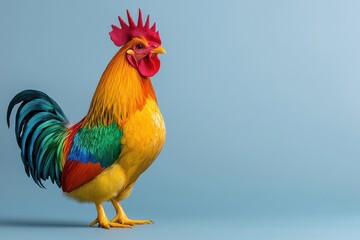 Fototapeta premium Vibrant Rooster Portrait Unfolds on Vibrant Blue Surface Farm Animal Art