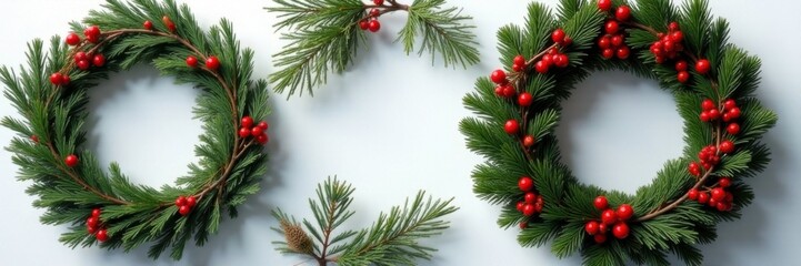 Wreath composed of intertwined fir and spruce branches with red berries, Christmas wreath, holiday decoration