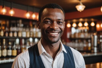 Obraz premium close portrait of a 40s smiling Nigerien male bartender against blurred bar background