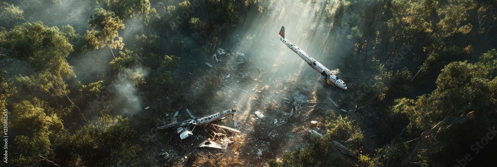 Poster aerial view of forest landscape with airplane wreckage scattered across the ground during daylight h