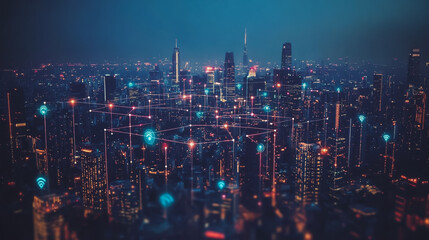 Fototapeta premium Abstract business man stands on Smart digital Innovation city with connection network reciprocity over the twilight cityscape. of future wireless digital city and social media networking systems