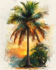 Tropical Island Sunset Landscape Art  Serene Golden Hour Painting