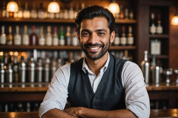 Fototapeta premium close portrait of a 40s smiling Pakistani male bartender against blurred bar background