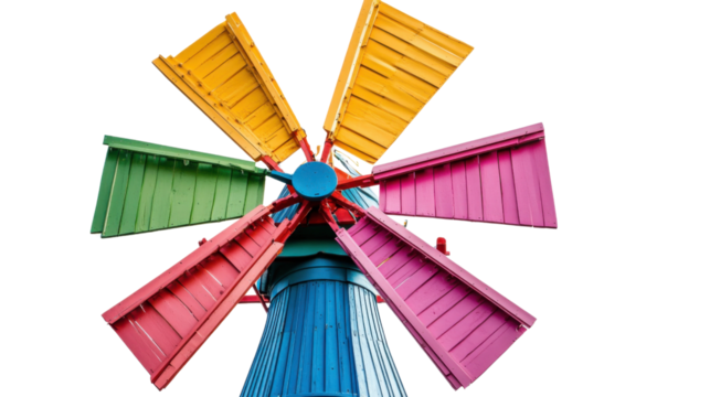 Colorful windmill blades rotating on transparent background