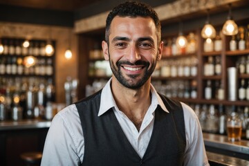 Obraz premium close portrait of a 40s smiling Palestinian male bartender against blurred bar background