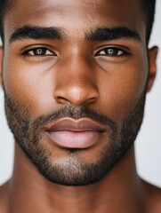 Fototapeta premium Serious young handsome black man with short beard staring at camera