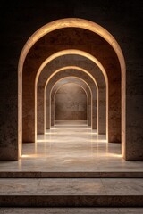 Fototapeta premium Abstract architecture with glowing arches and stone floor