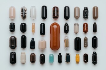 Collection of various capsule-shaped objects arranged on a white background
