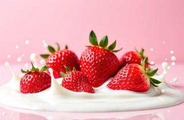 Juicy red strawberries are splashing into a pool of creamy milk, creating a delightful scene with droplets scattered against a soft pink backdrop. The vibrant colors evoke freshness and sweetness.
