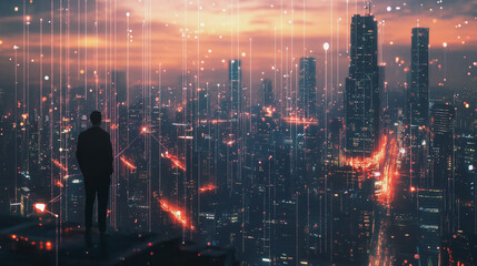 Abstract business man stands on Smart digital Innovation city with connection network reciprocity over the twilight cityscape. of future wireless digital city and social media networking systems