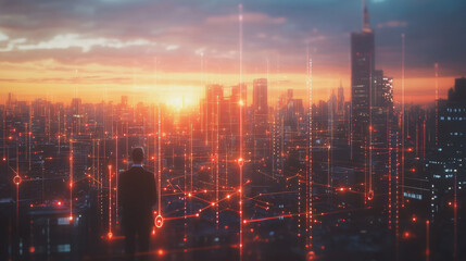 Fototapeta premium Abstract business man stands on Smart digital Innovation city with connection network reciprocity over the twilight cityscape. of future wireless digital city and social media networking systems