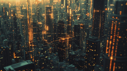 Abstract business man stands on Smart digital Innovation city with connection network reciprocity over the twilight cityscape. of future wireless digital city and social media networking systems