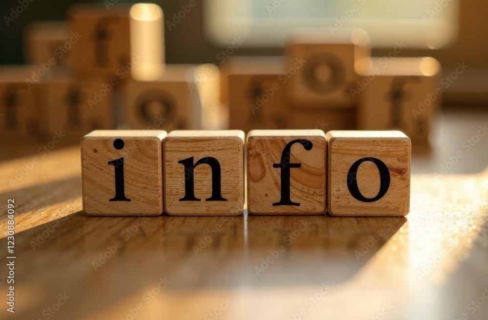 Poster a close-up view of wooden blocks arranged to spell out the word info. soft sunlight filters through 