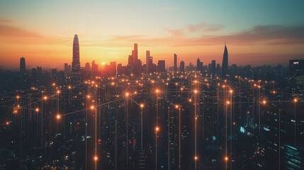 Fototapeta premium Abstract business man stands on Smart digital Innovation city with connection network reciprocity over the twilight cityscape. of future wireless digital city and social media networking systems