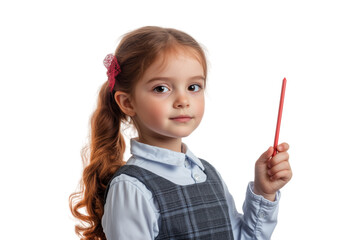 Young Girl in Teacher Outfit Holding a Toy Pointer With Confidence on White Background