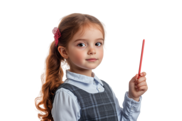 Young Girl in Teacher Outfit Holding a Toy Pointer With Confidence on White Background