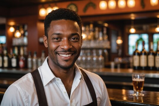 close portrait of a 40s smiling Saint Lucian male bartender against blurred bar background
