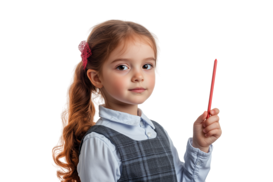 Young Girl in Teacher Outfit Holding a Toy Pointer With Confidence on White Background